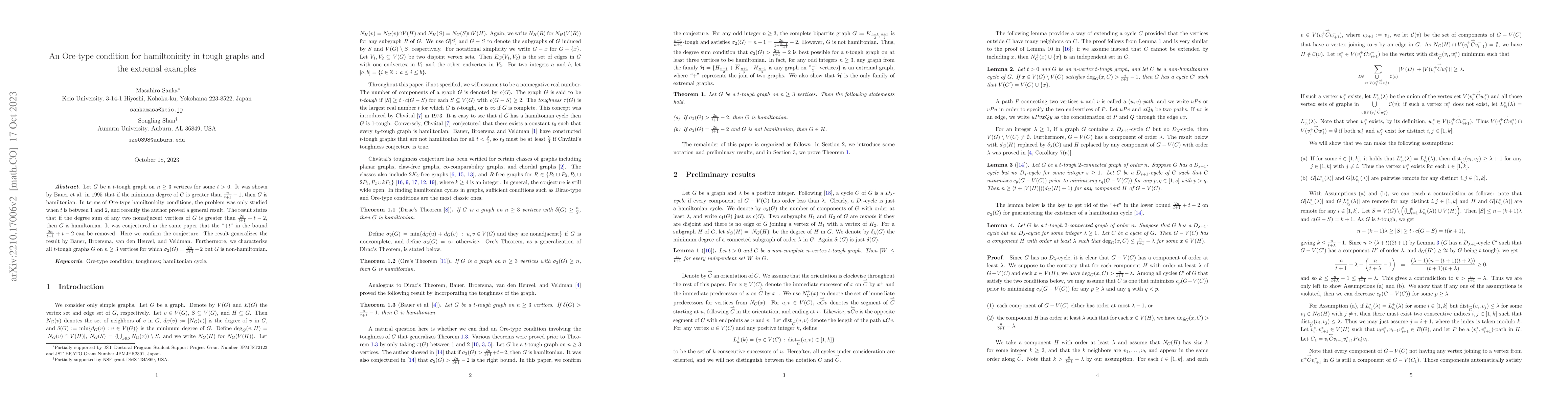 Thumbnail for An Ore-type condition for hamiltonicity in tough graphs and the extremal
  examples