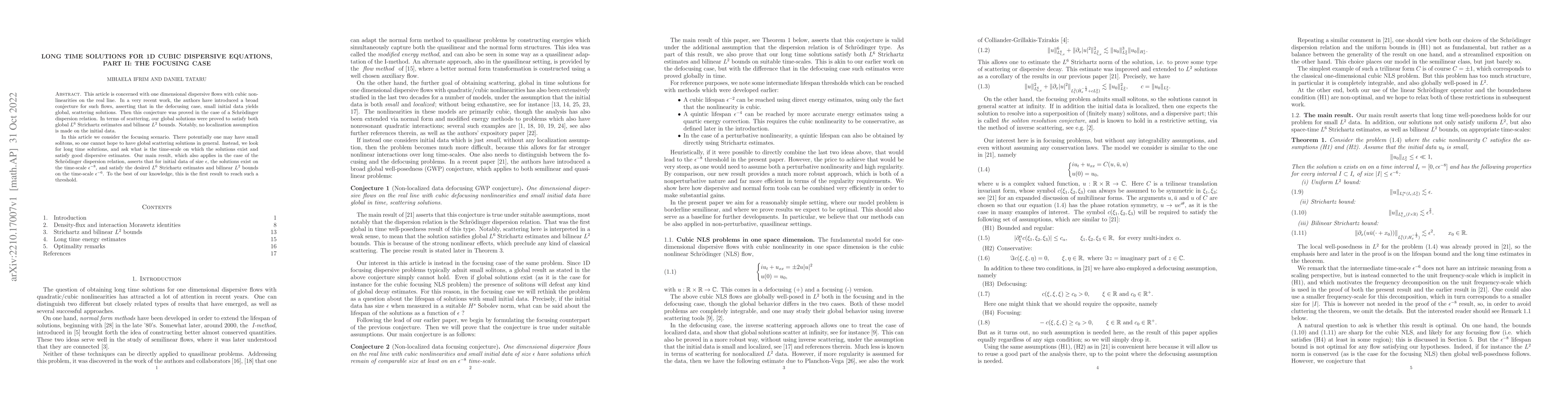 Thumbnail for Long time solutions for 1D cubic dispersive equations, Part II: the
  focusing case