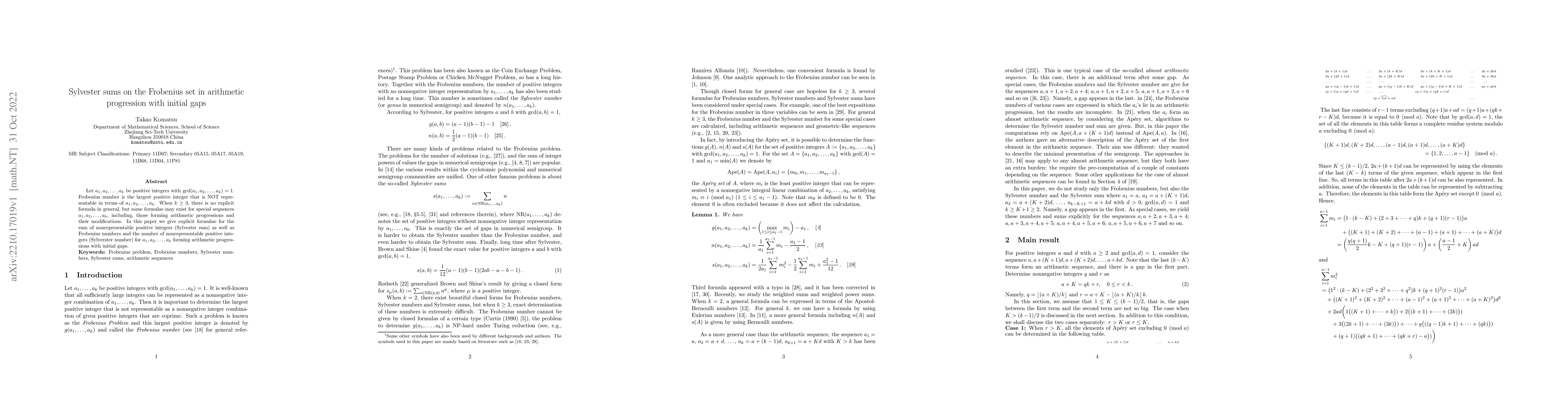 Thumbnail for Sylvester sums on the Frobenius set in arithmetic progression with
  initial gaps