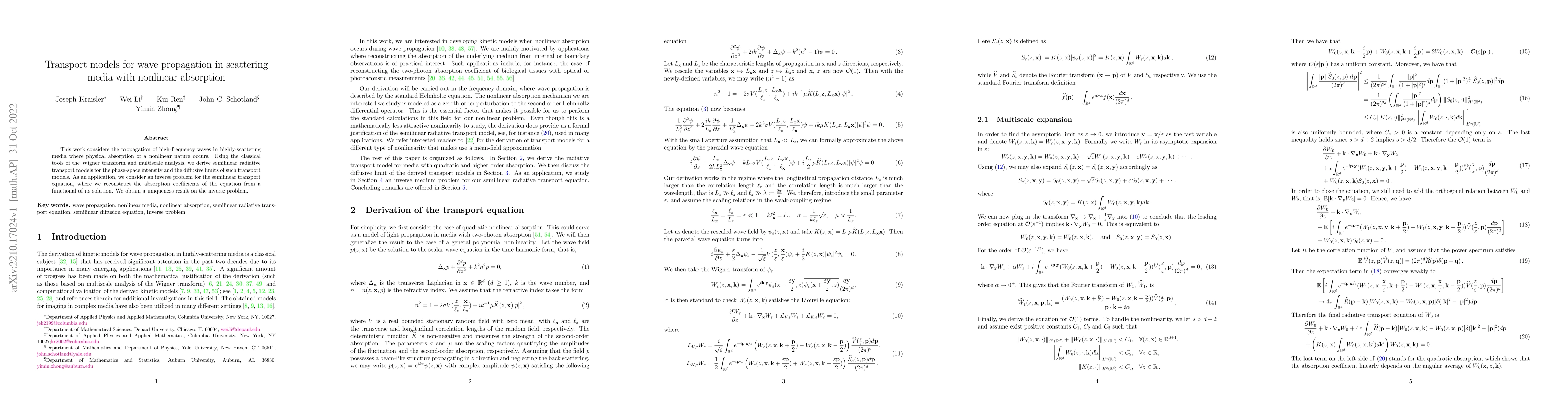 Thumbnail for Transport models for wave propagation in scattering media with nonlinear
  absorption