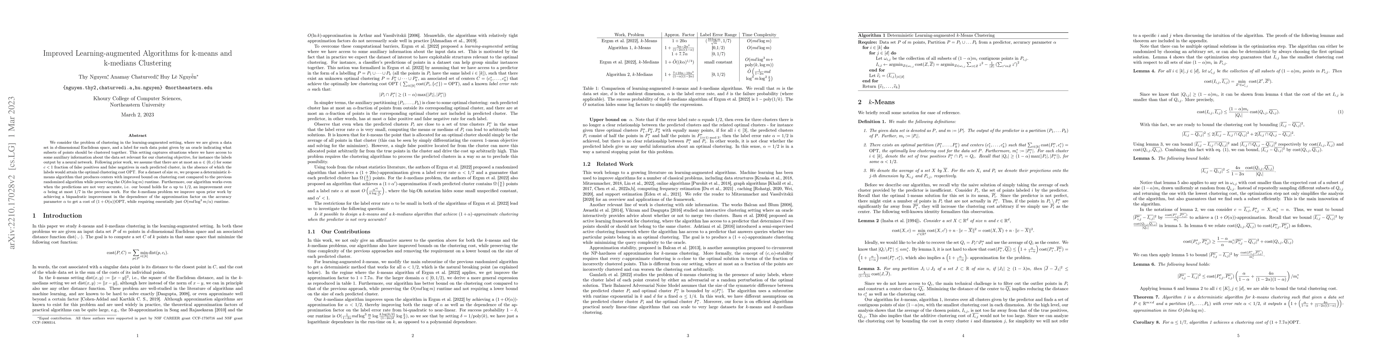 Thumbnail for Improved Learning-augmented Algorithms for k-means and k-medians
  Clustering