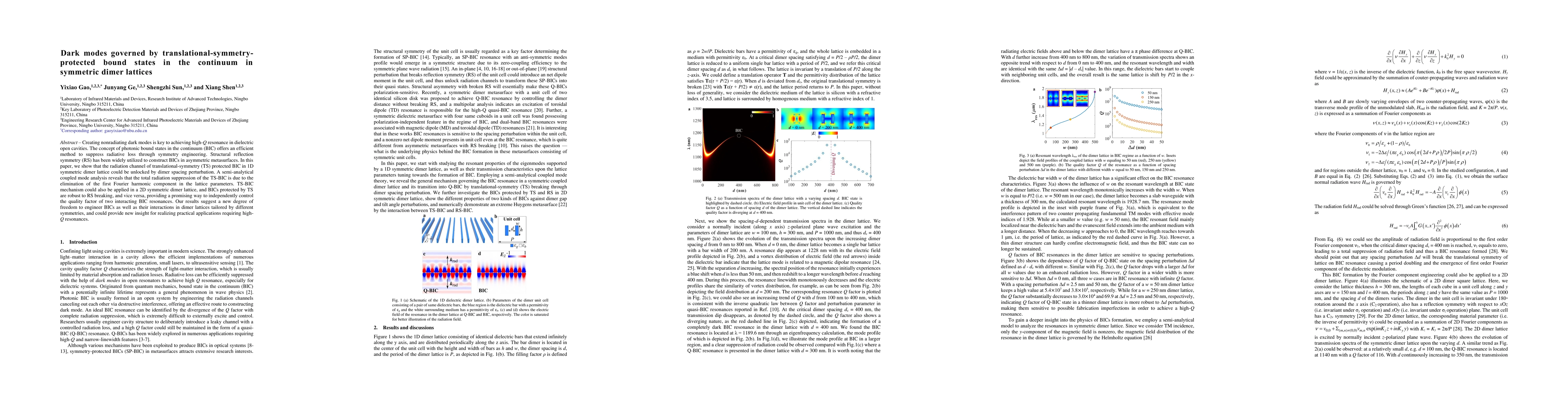 Thumbnail for Dark modes governed by translational-symmetry-protected bound states in
  the continuum in symmetric dimer lattices