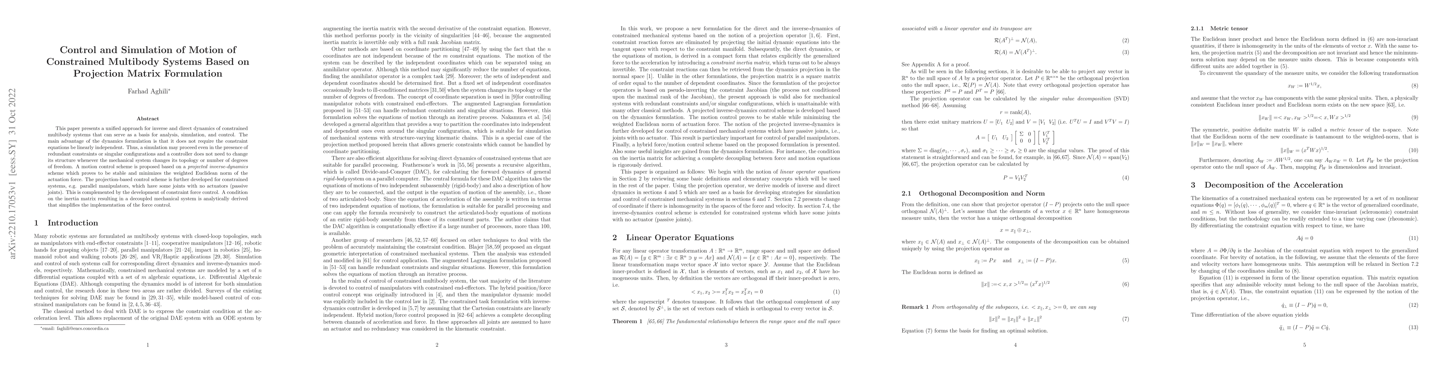 Thumbnail for Control and Simulation of Motion of Constrained Multibody Systems Based
  on Projection Matrix Formulation