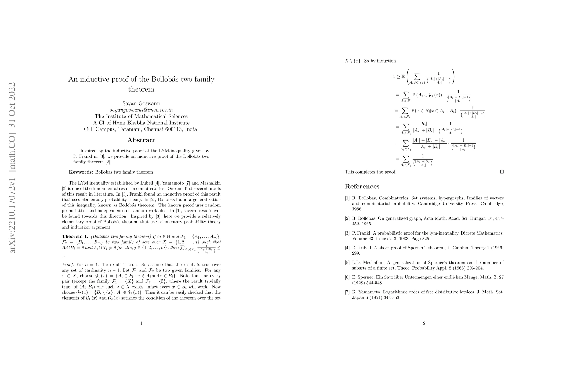 Thumbnail for An inductive proof of the Bollob\'{a}s two family theorem