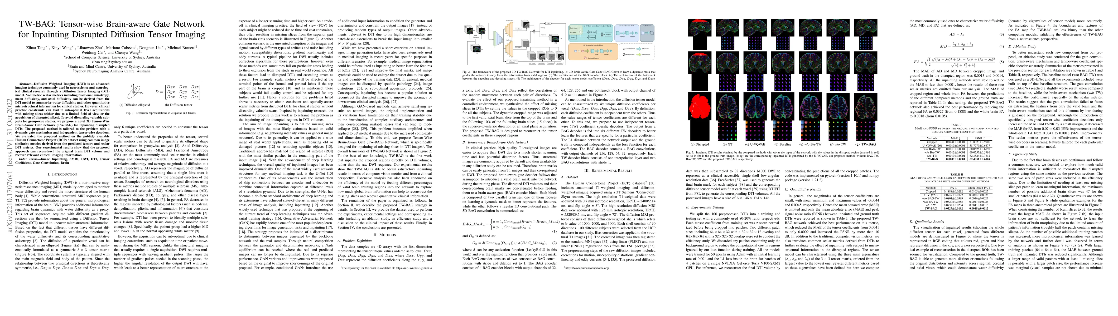 Thumbnail for TW-BAG: Tensor-wise Brain-aware Gate Network for Inpainting Disrupted
  Diffusion Tensor Imaging