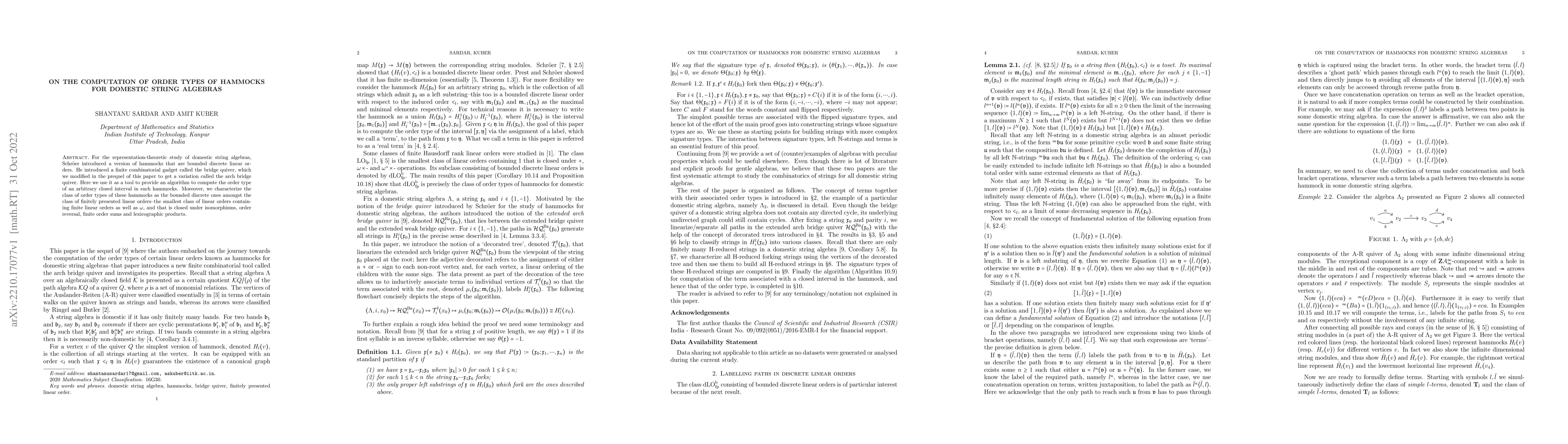 Thumbnail for On the computation of order types of hammocks for domestic string
  algebras
