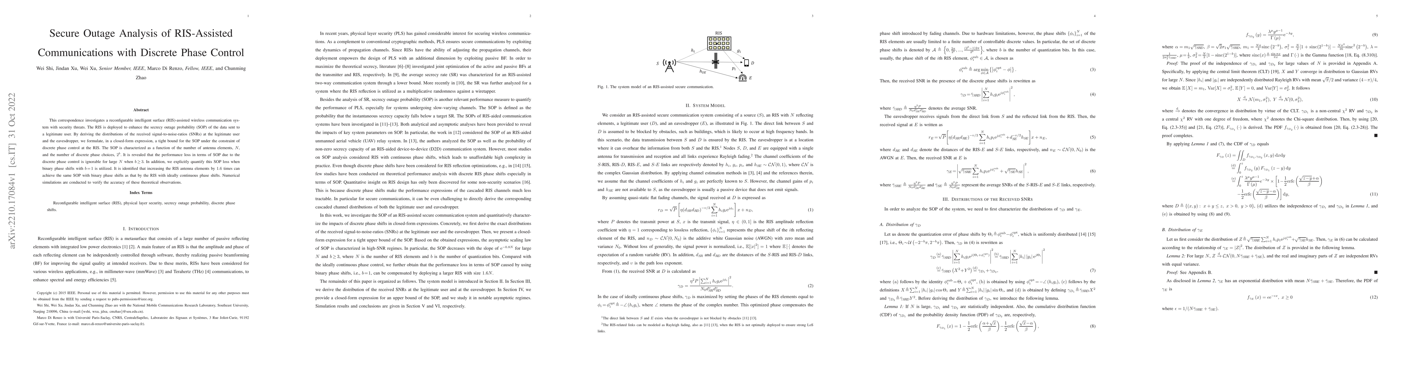 Thumbnail for Secure Outage Analysis of RIS-Assisted Communications with Discrete
  Phase Control