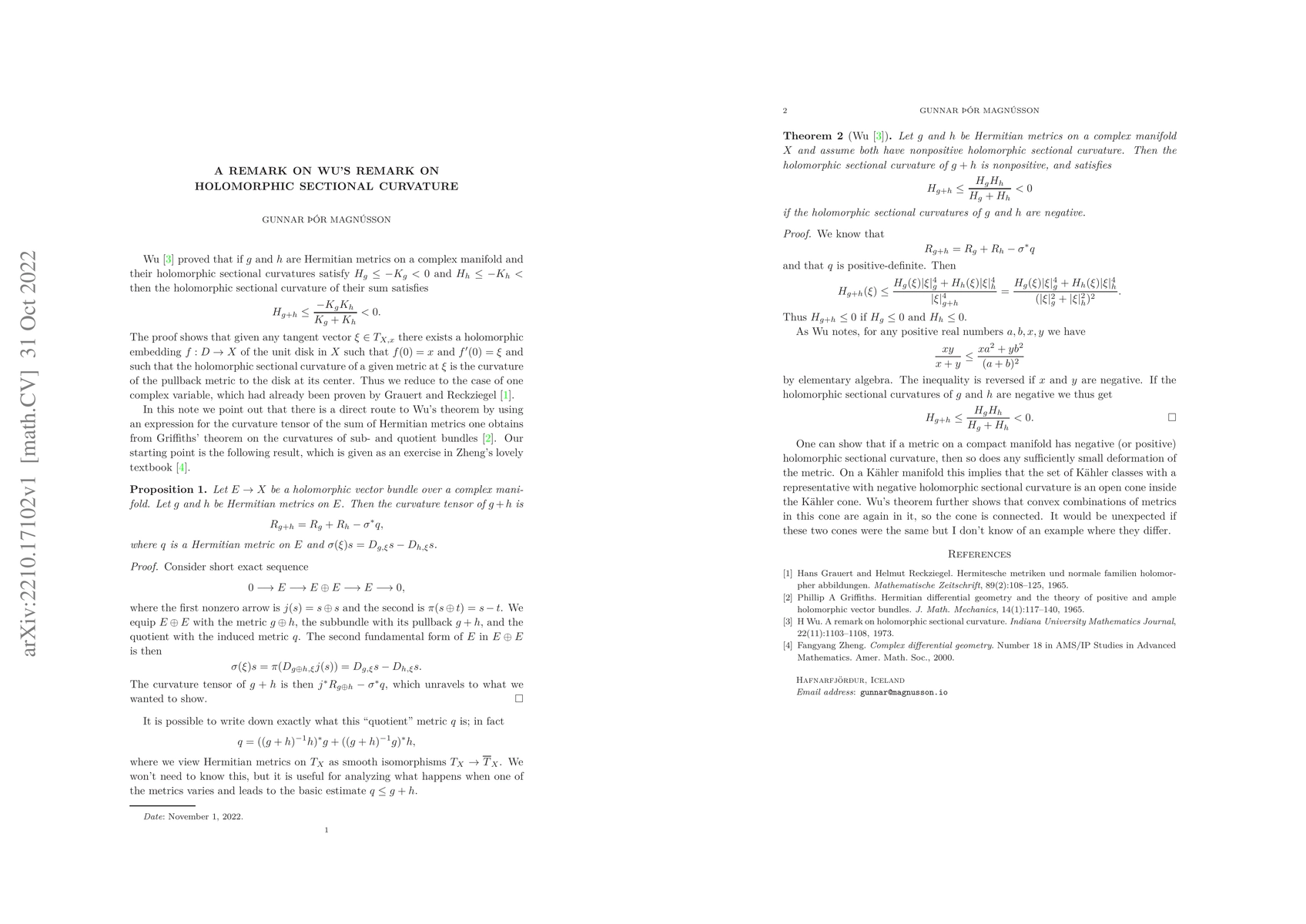 Thumbnail for A remark on Wu's remark on holomorphic sectional curvature