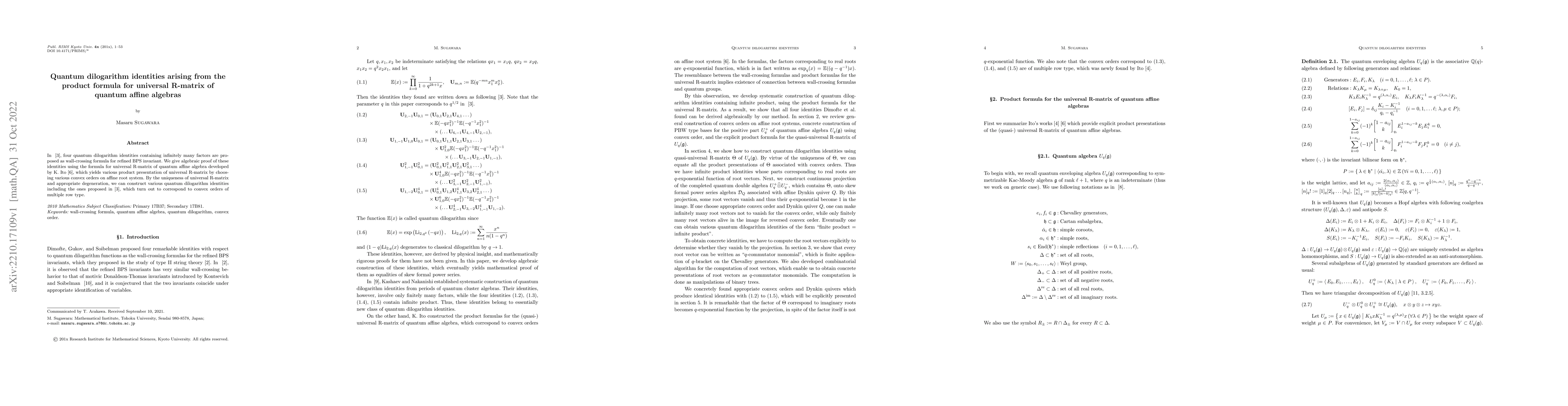 Thumbnail for Quantum dilogarithm identities arising from the product formula for
  universal R-matrix of quantum affine algebras