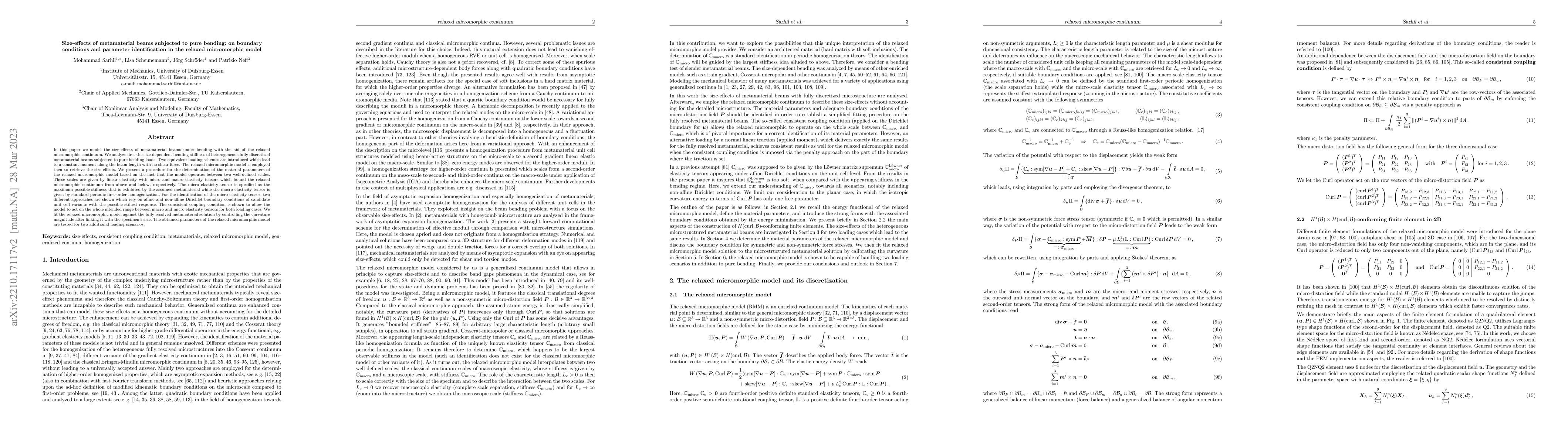 Thumbnail for Size-effects of metamaterial beams subjected to pure bending: on
  boundary conditions and parameter identification in the relaxed micromorphic
  model