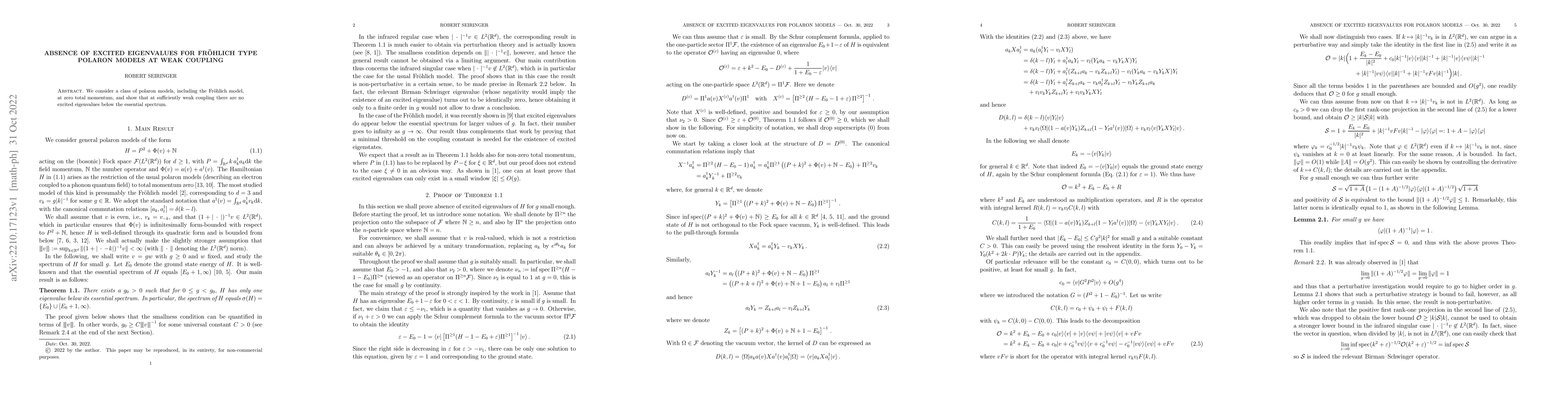 Thumbnail for Absence of excited eigenvalues for Fr\"ohlich type polaron models at
  weak coupling