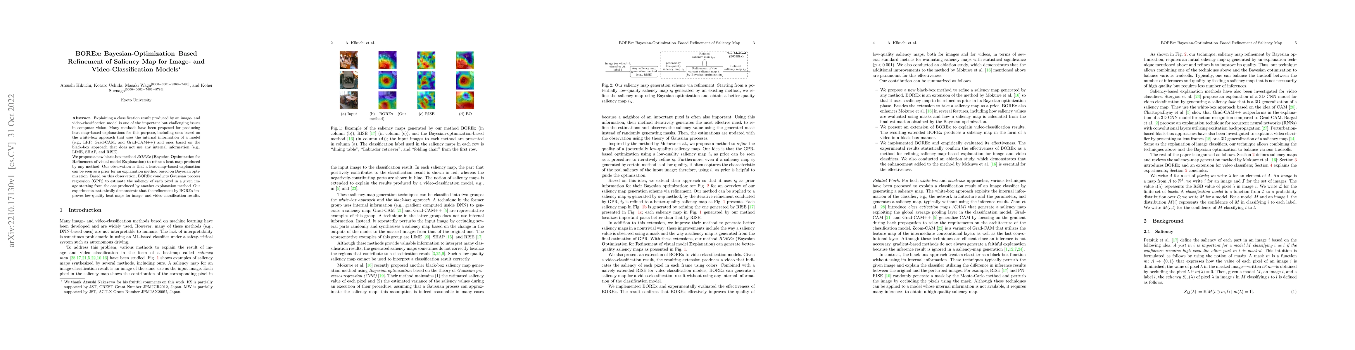 Thumbnail for BOREx: Bayesian-Optimization--Based Refinement of Saliency Map for
  Image- and Video-Classification Models