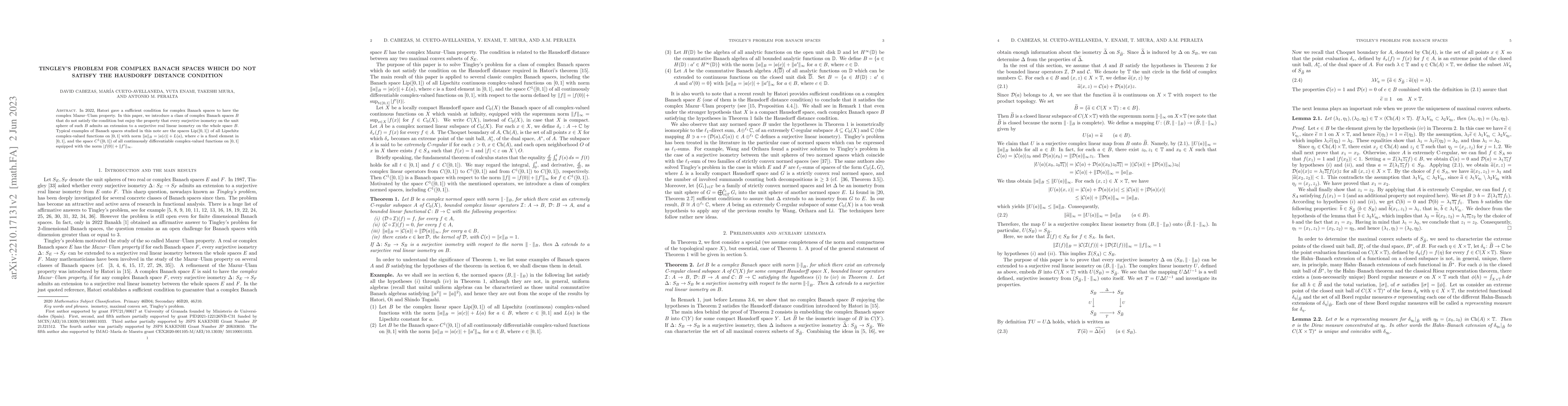 Thumbnail for Tingley's problem for complex Banach spaces which do not satisfy the
  Hausdorff distance condition
