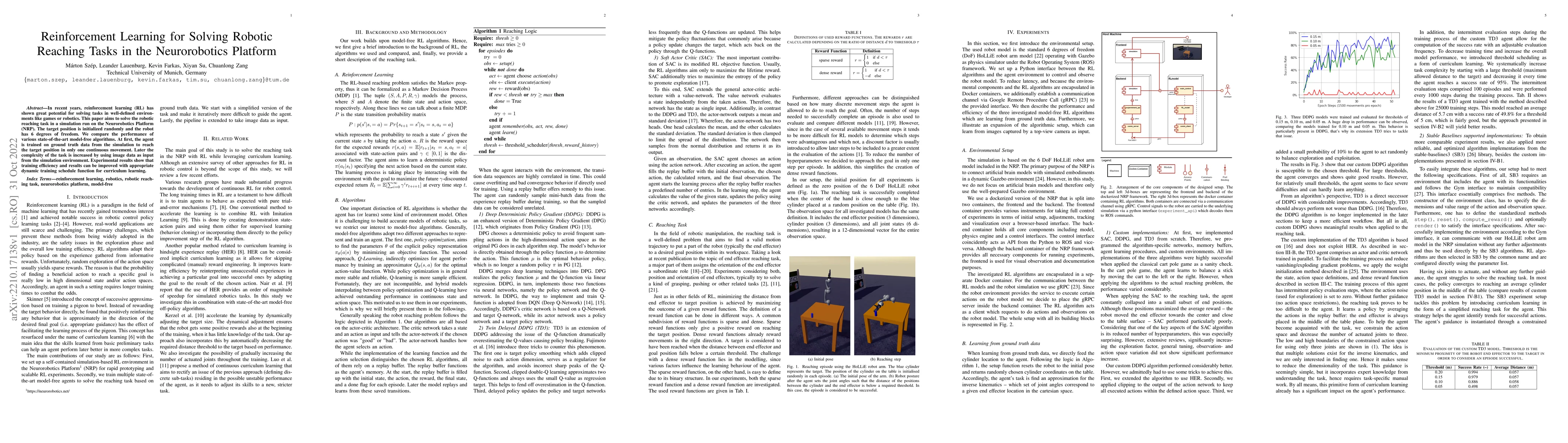 Thumbnail for Reinforcement Learning for Solving Robotic Reaching Tasks in the
  Neurorobotics Platform