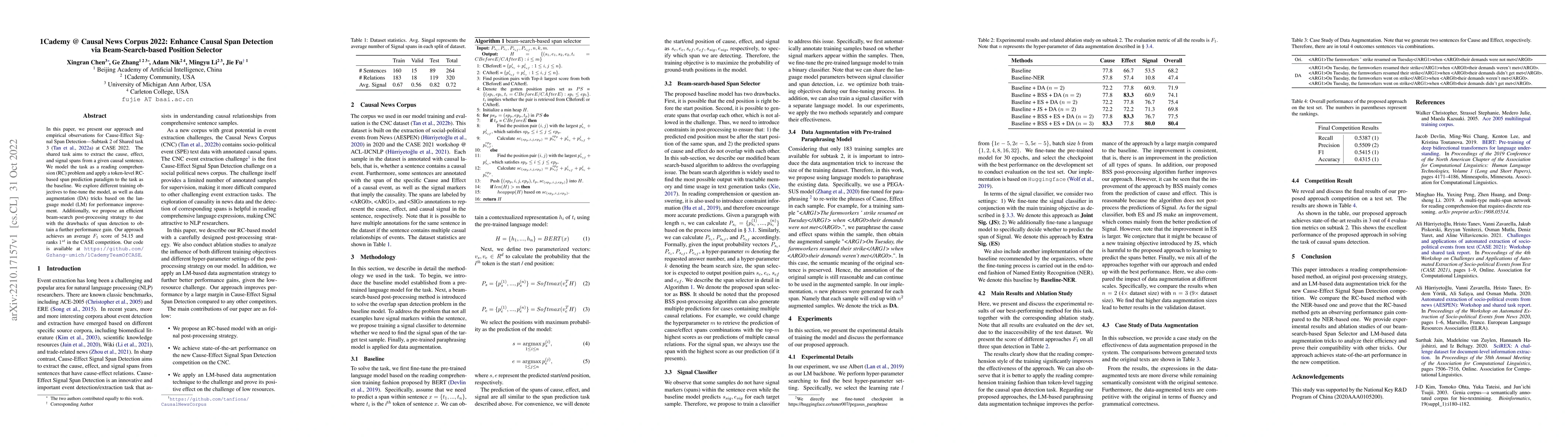Thumbnail for 1Cademy @ Causal News Corpus 2022: Enhance Causal Span Detection via
  Beam-Search-based Position Selector