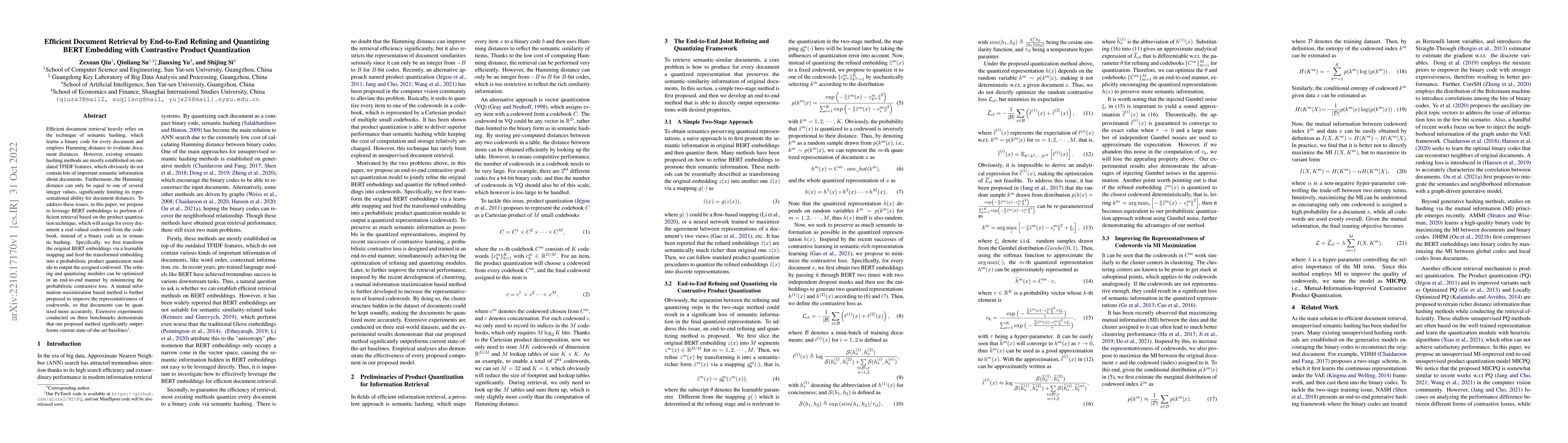 Thumbnail for Efficient Document Retrieval by End-to-End Refining and Quantizing BERT
  Embedding with Contrastive Product Quantization