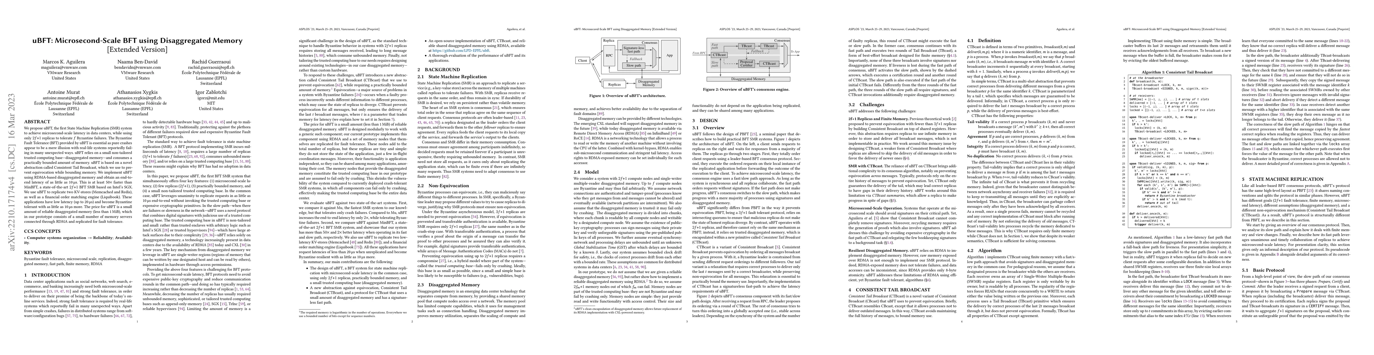 Thumbnail for uBFT: Microsecond-scale BFT using Disaggregated Memory [Extended
  Version]