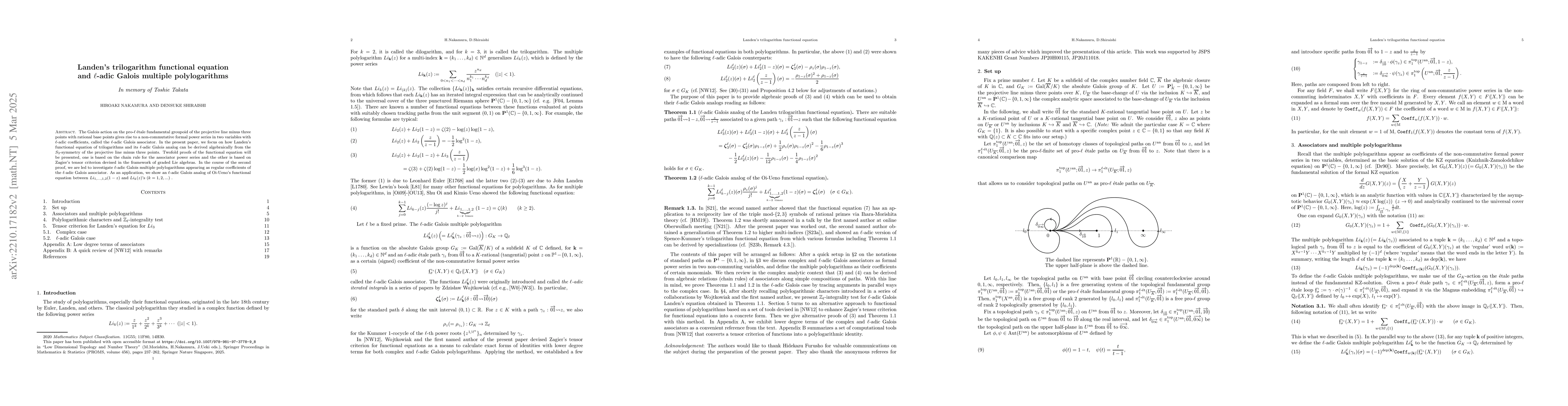 Thumbnail for Landen's trilogarithm functional equation and $\ell$-adic Galois
  multiple polylogarithms