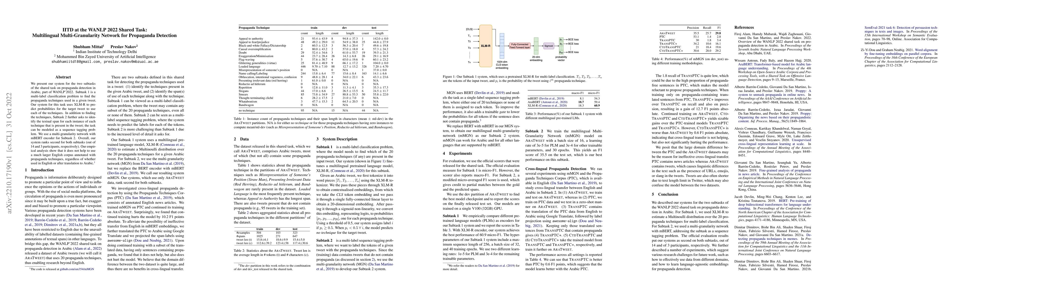 Thumbnail for IITD at the WANLP 2022 Shared Task: Multilingual Multi-Granularity
  Network for Propaganda Detection