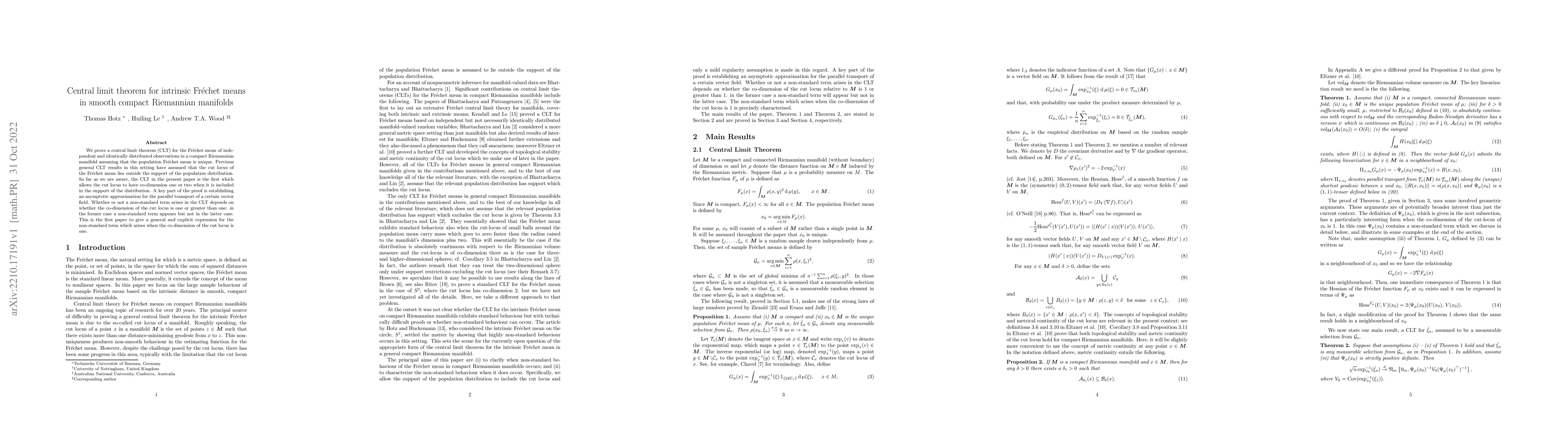 Thumbnail for Central limit theorem for intrinsic Frechet means in smooth compact
  Riemannian manifolds