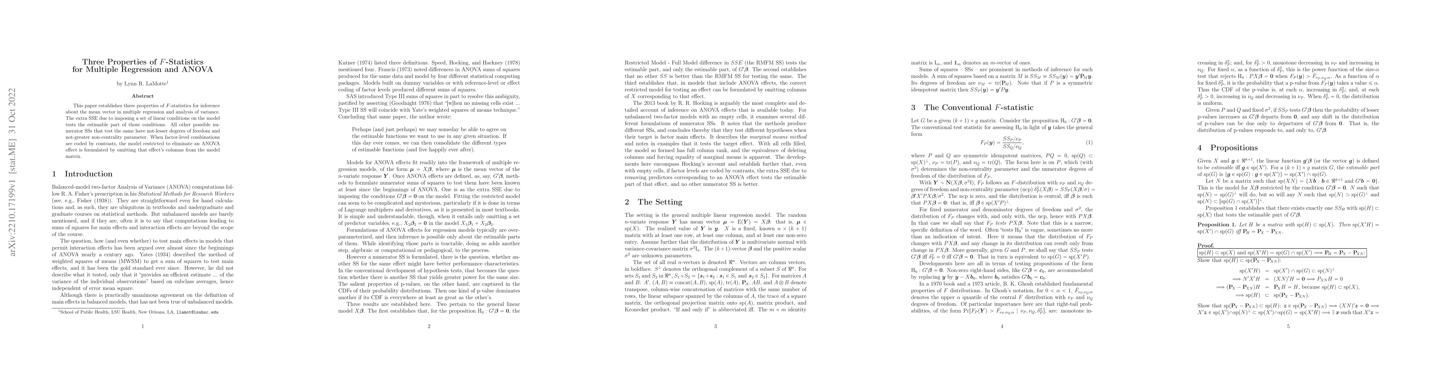 Thumbnail for Three Properties of F-Statistics for Multiple Regression and ANOVA