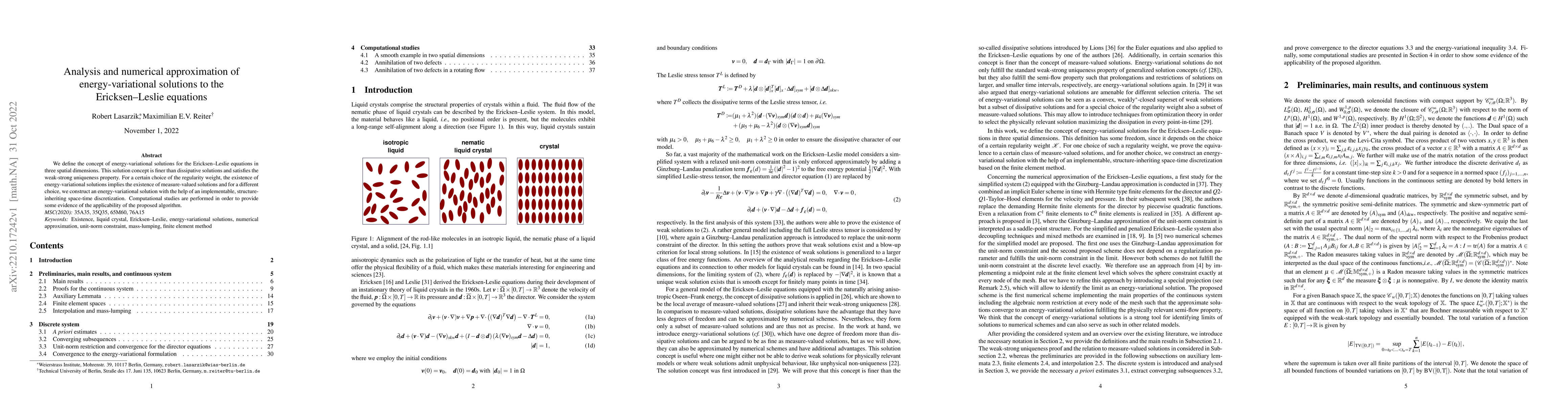 Thumbnail for Analysis and numerical approximation of energy-variational solutions to
  the Ericksen--Leslie equations