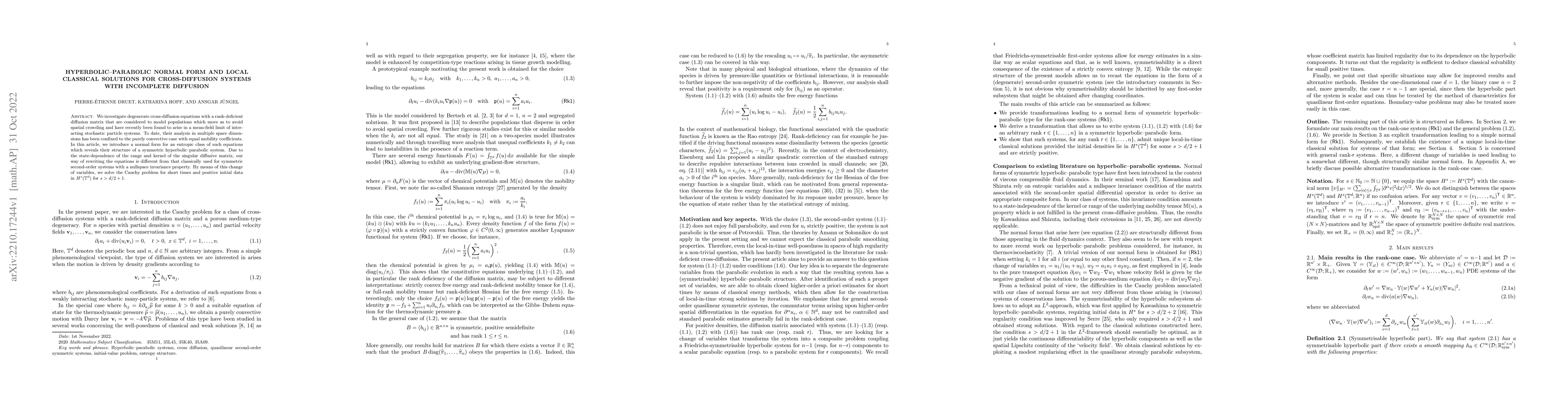 Thumbnail for Hyperbolic-parabolic normal form and local classical solutions for
  cross-diffusion systems with incomplete diffusion