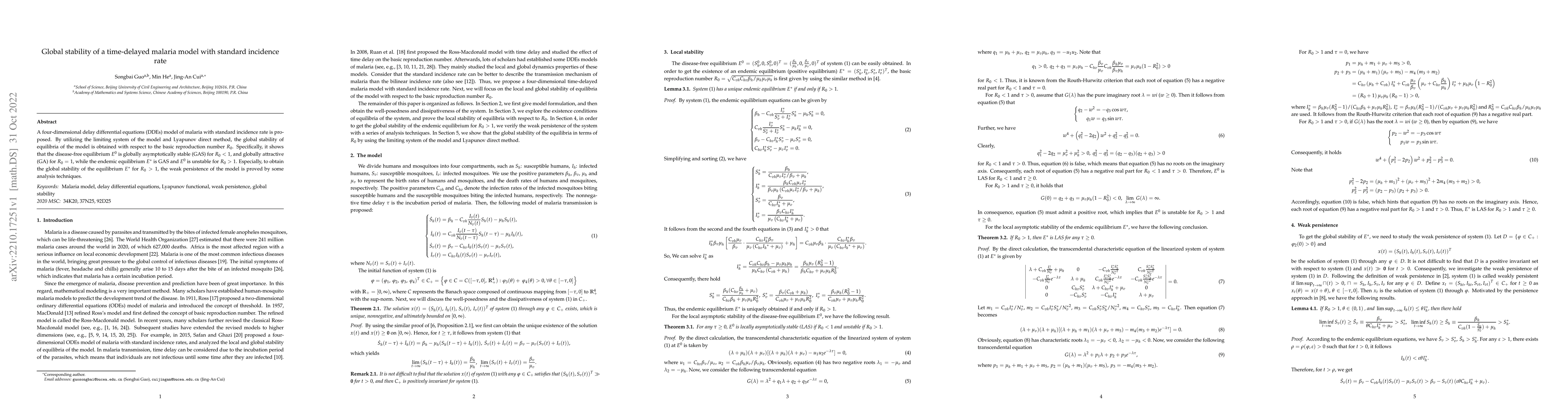 Thumbnail for Global stability of a time-delayed malaria model with standard incidence
  rate