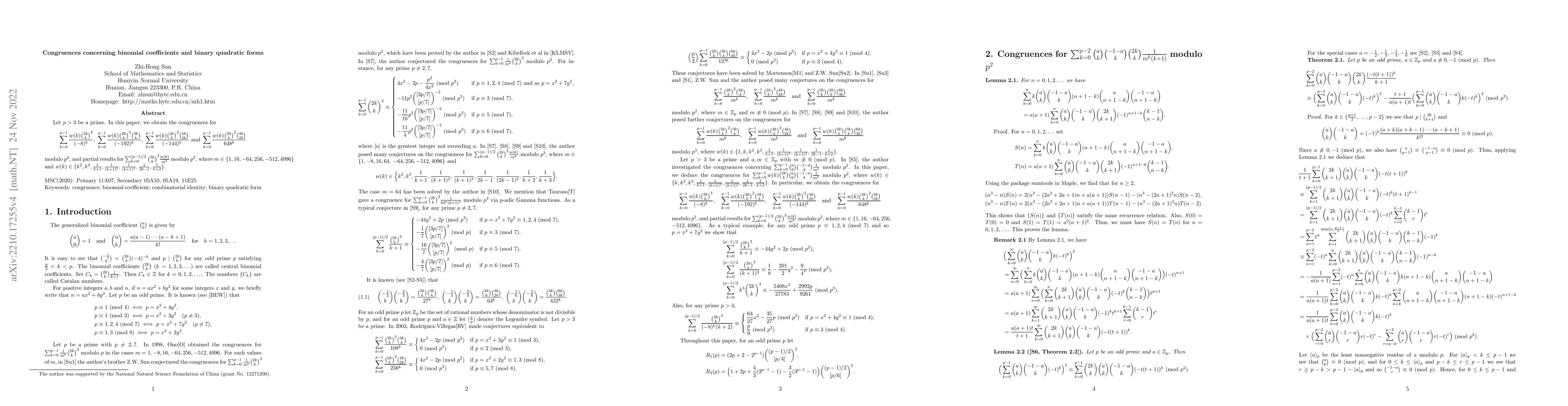 Thumbnail for Congruences concerning binomial coefficients and binary quadratic forms