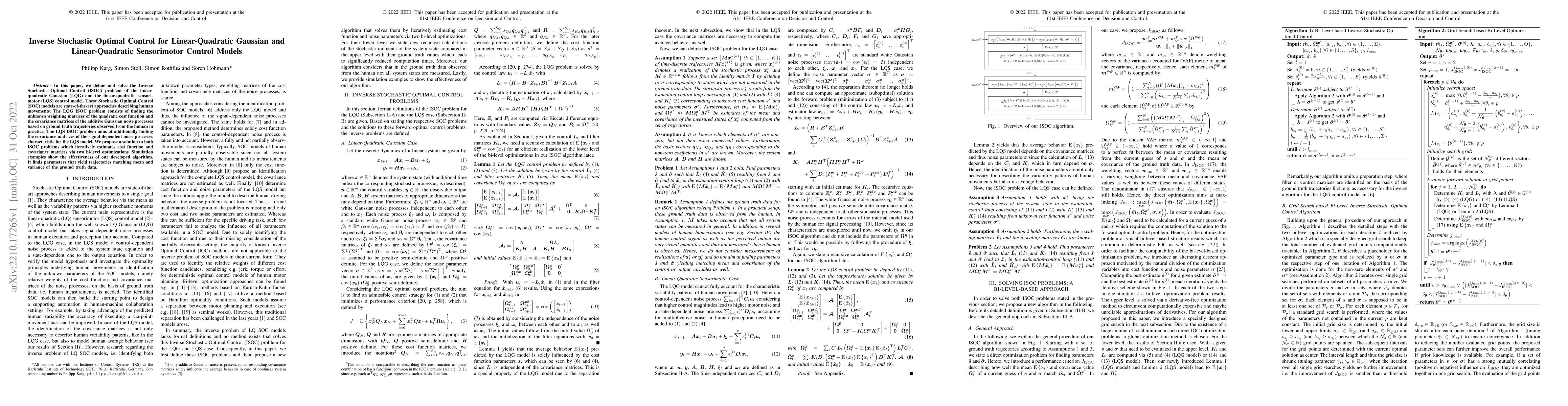 Thumbnail for Inverse Stochastic Optimal Control for Linear-Quadratic Gaussian and
  Linear-Quadratic Sensorimotor Control Models