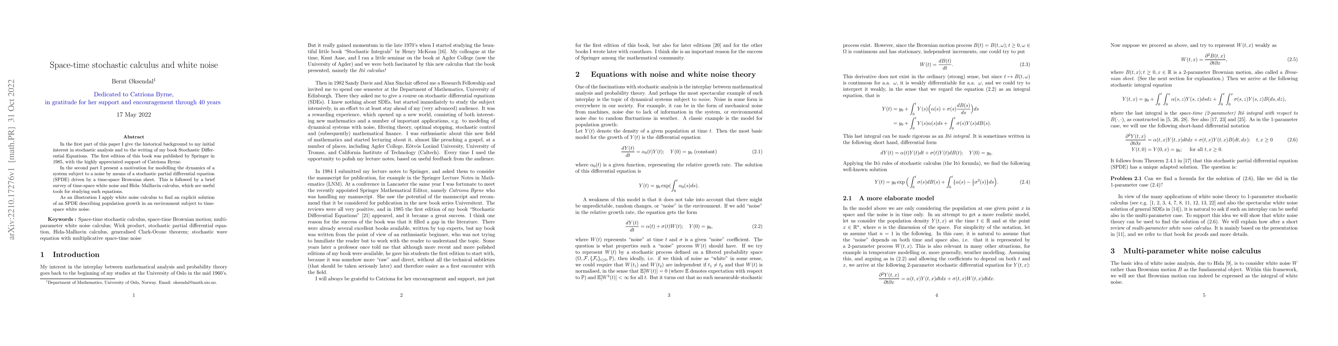 Thumbnail for Space-time stochastic calculus and white noise