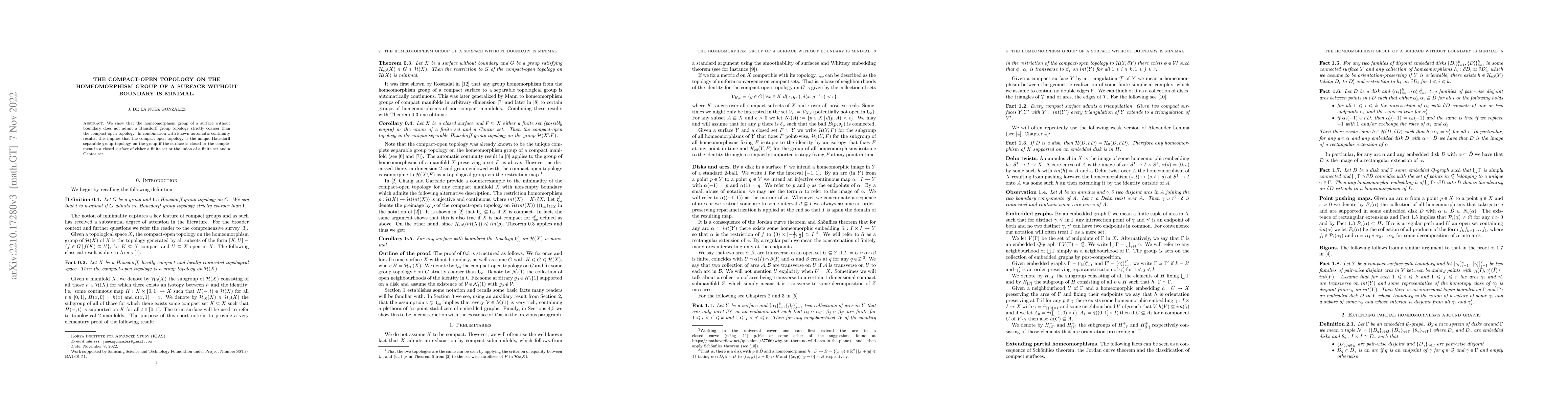 Thumbnail for The compact-open topology on the homeomorphism group of a surface
  without boundary is minimal