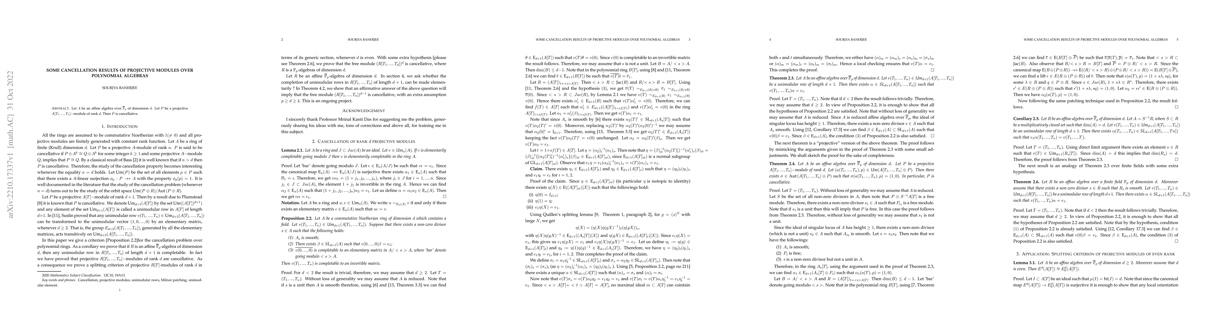 Thumbnail for Cancellation of projective modules in polynomial rings of prime
  characteristic