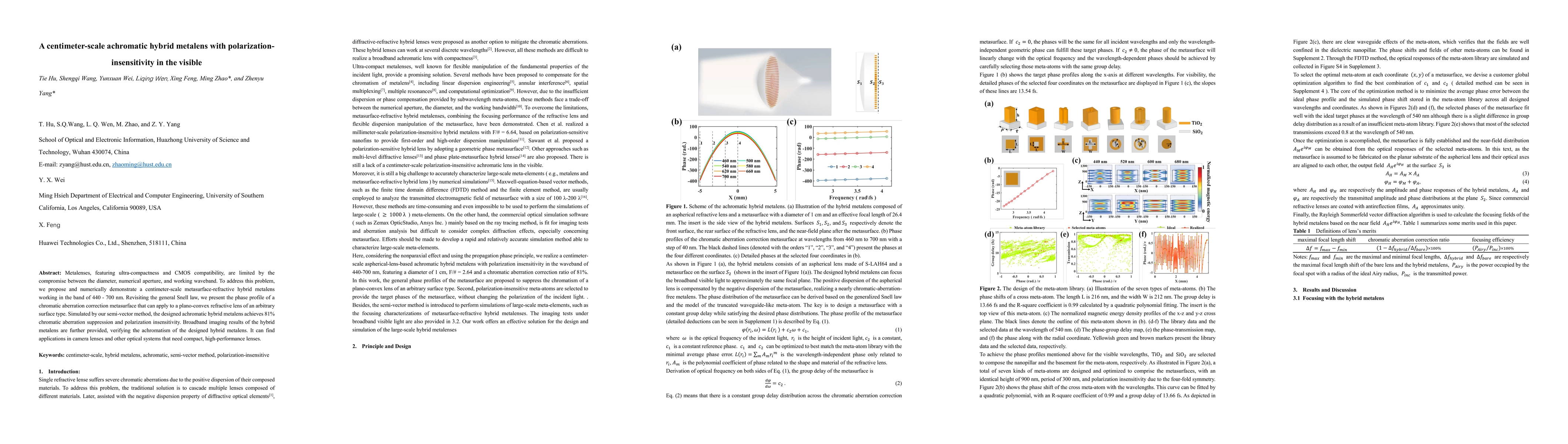Thumbnail for A centimeter-scale achromatic hybrid metalens with
  polarization-insensitivity in the visible