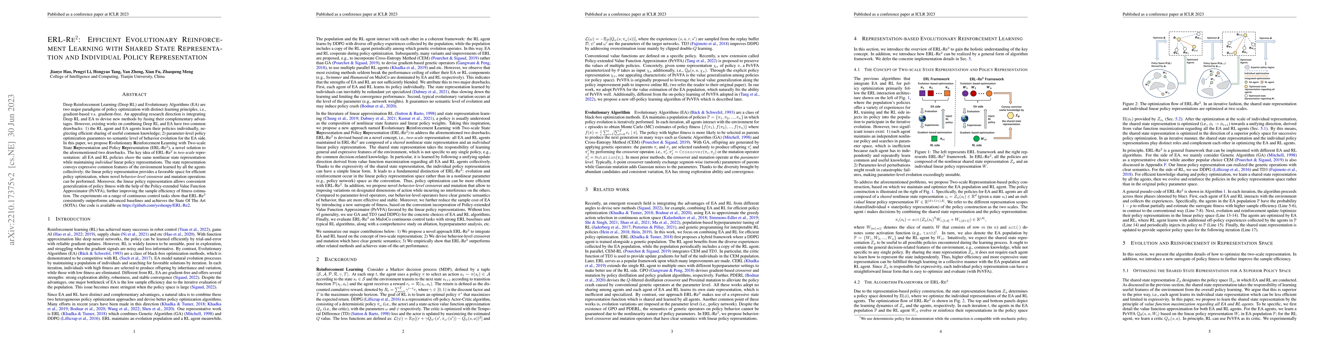 Thumbnail for ERL-Re$^2$: Efficient Evolutionary Reinforcement Learning with Shared
  State Representation and Individual Policy Representation