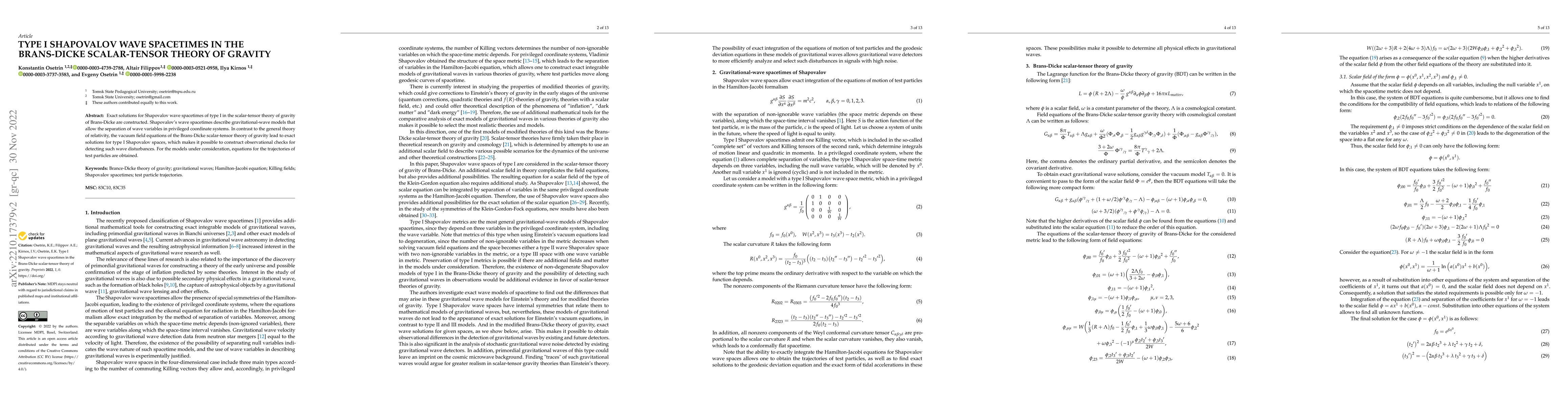 Thumbnail for Type I Shapovalov wave spacetimes in the Brans-Dicke scalar-tensor
  theory of gravity