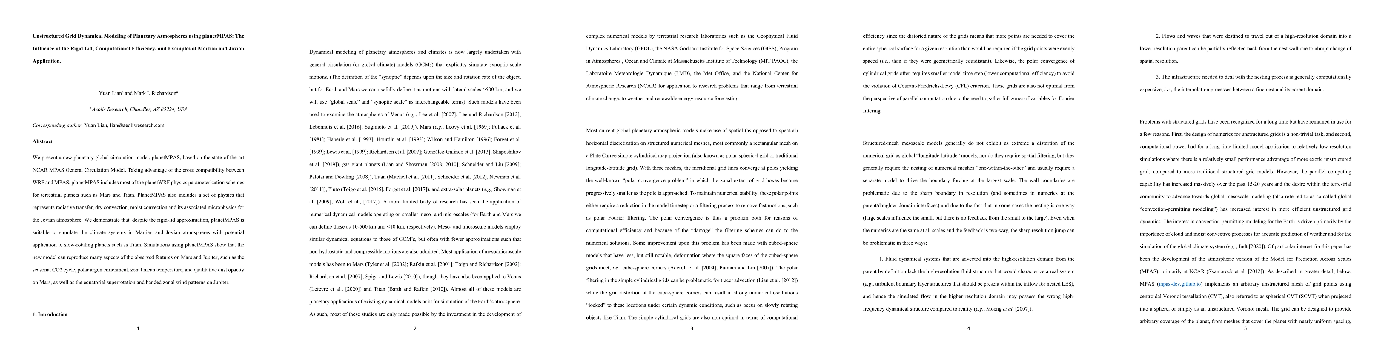 Thumbnail for Unstructured Grid Dynamical Modeling of Planetary Atmospheres using
  planetMPAS: The Influence of the Rigid Lid, Computational Efficiency, and
  Examples of Martian and Jovian Application