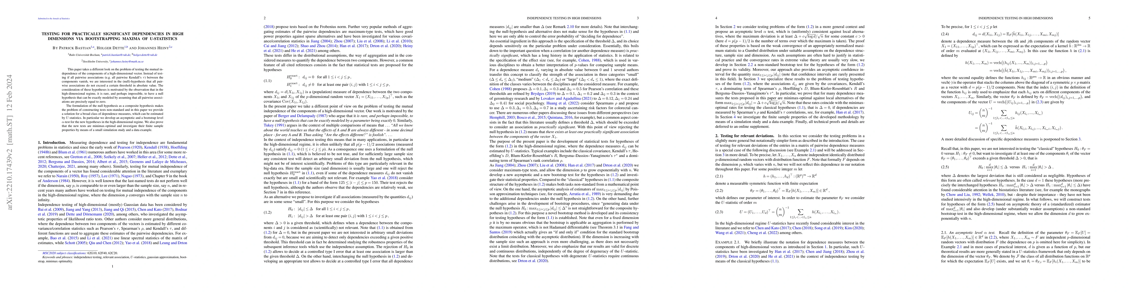Thumbnail for Testing for practically significant dependencies in high dimensions via
  bootstrapping maxima of U-statistics