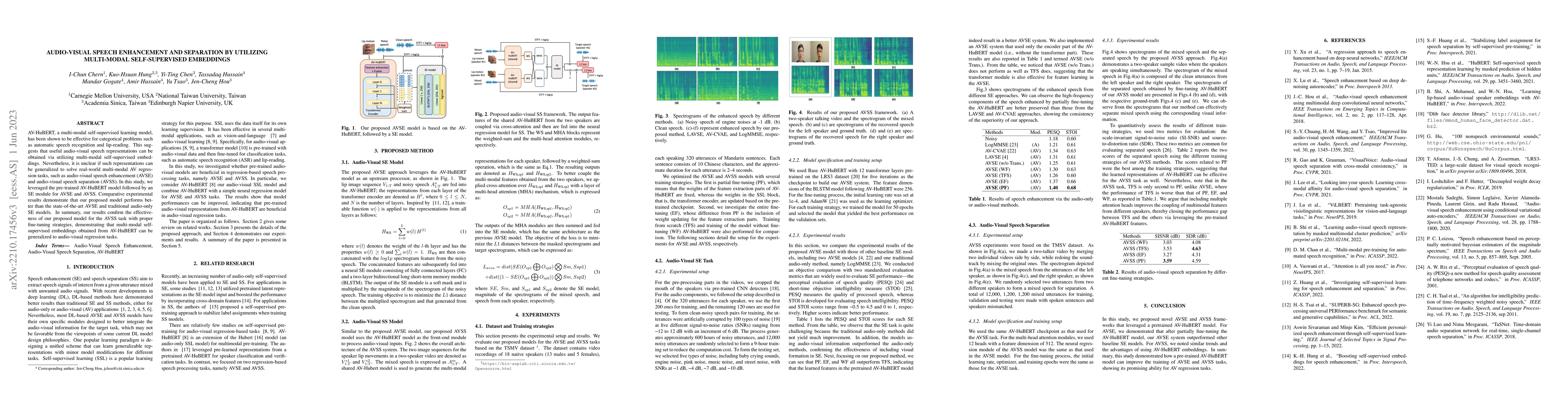 Thumbnail for Audio-Visual Speech Enhancement and Separation by Utilizing Multi-Modal
  Self-Supervised Embeddings