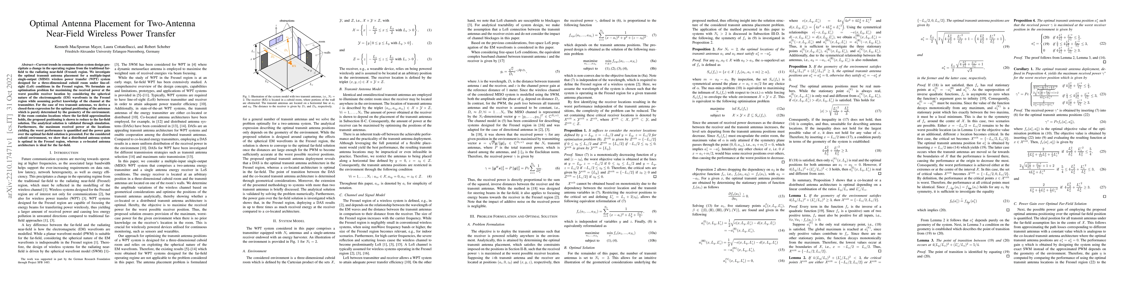 Thumbnail for Optimal Antenna Placement for Two-Antenna Near-Field Wireless Power
  Transfer