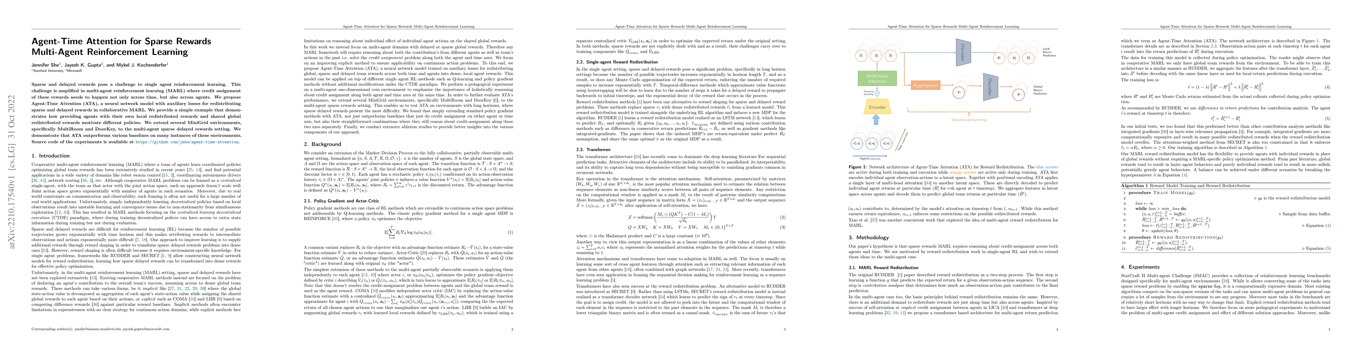 Thumbnail for Agent-Time Attention for Sparse Rewards Multi-Agent Reinforcement
  Learning