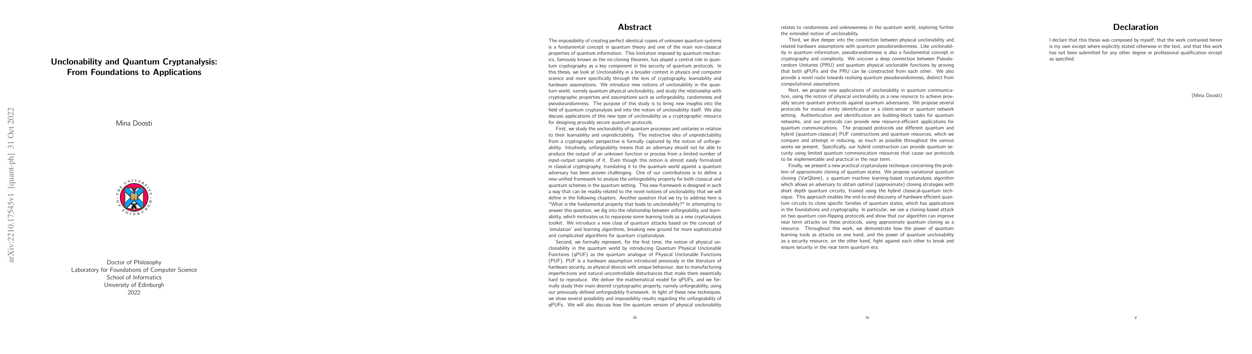 Thumbnail for Unclonability and Quantum Cryptanalysis: From Foundations to
  Applications