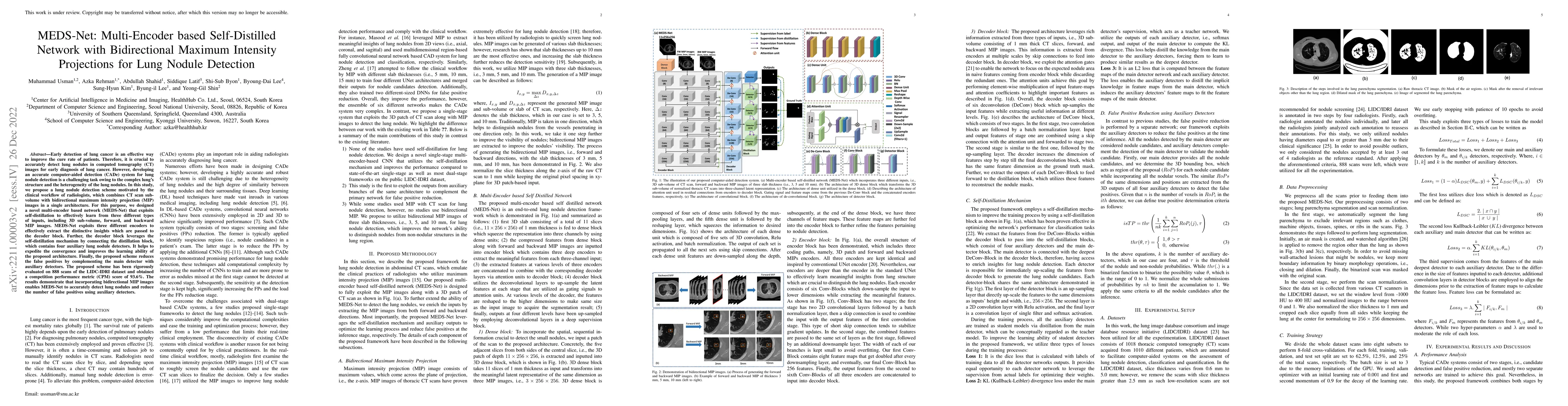 Thumbnail for MEDS-Net: Self-Distilled Multi-Encoders Network with Bi-Direction
  Maximum Intensity projections for Lung Nodule Detection