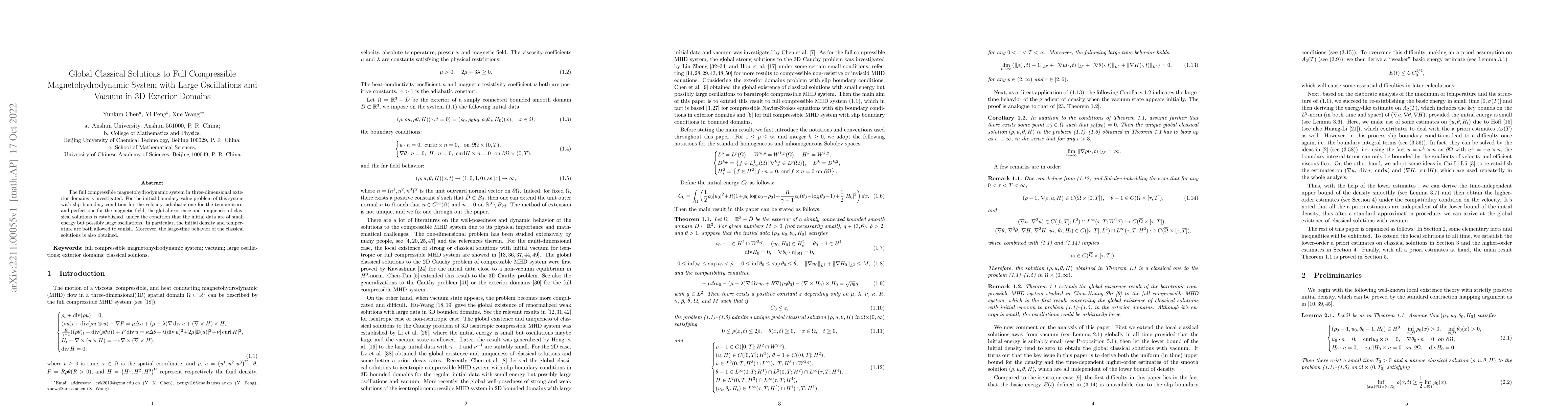 Thumbnail for Global Classical Solutions to Full Compressible Magnetohydrodynamic
  System with Large Oscillations and Vacuum in 3D Exterior Domains