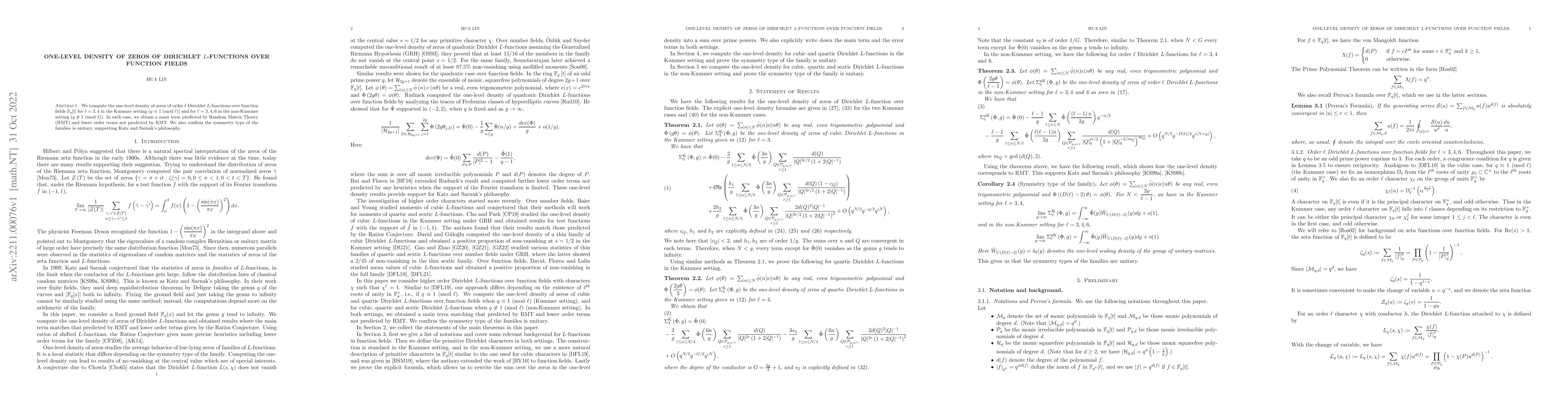 Thumbnail for One-level density of zeros of Dirichlet $L$-functions over function
  fields
