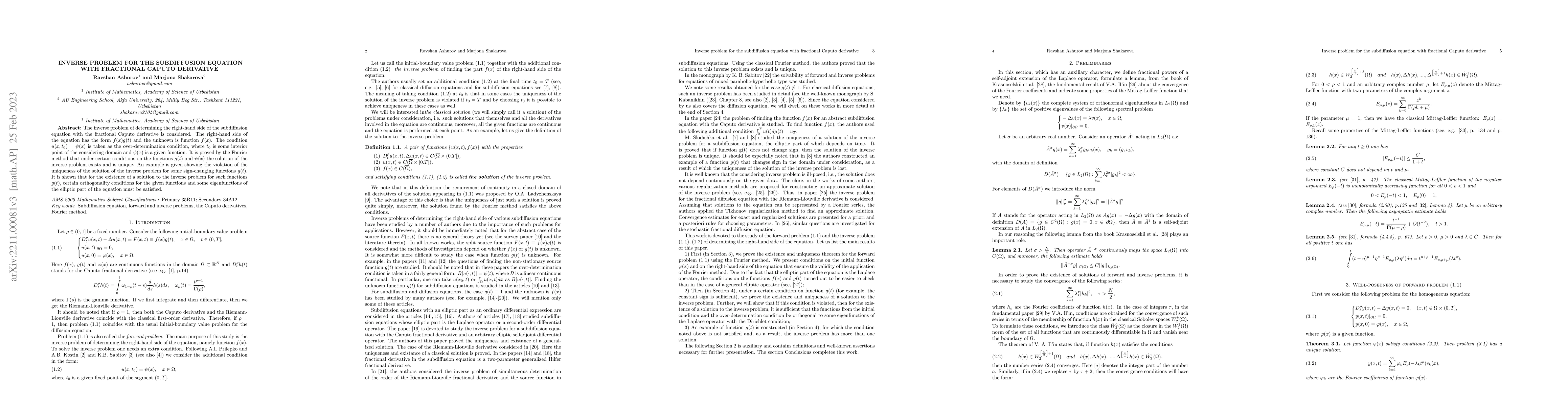 Thumbnail for Inverse problem for the subdiffusion equation with fractional Caputo
  derivative