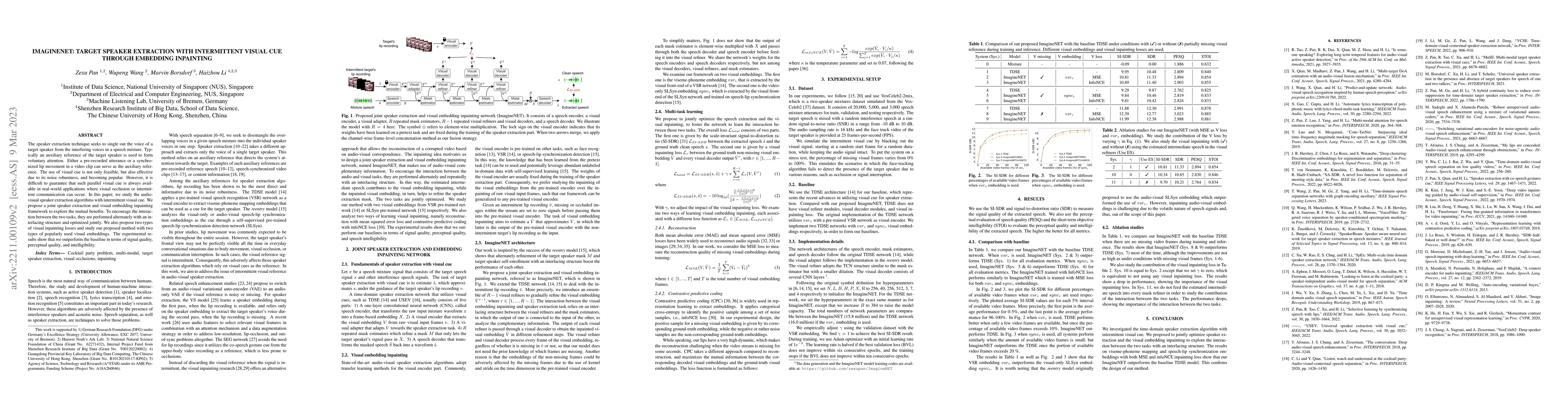 Thumbnail for ImagineNET: Target Speaker Extraction with Intermittent Visual Cue
  through Embedding Inpainting