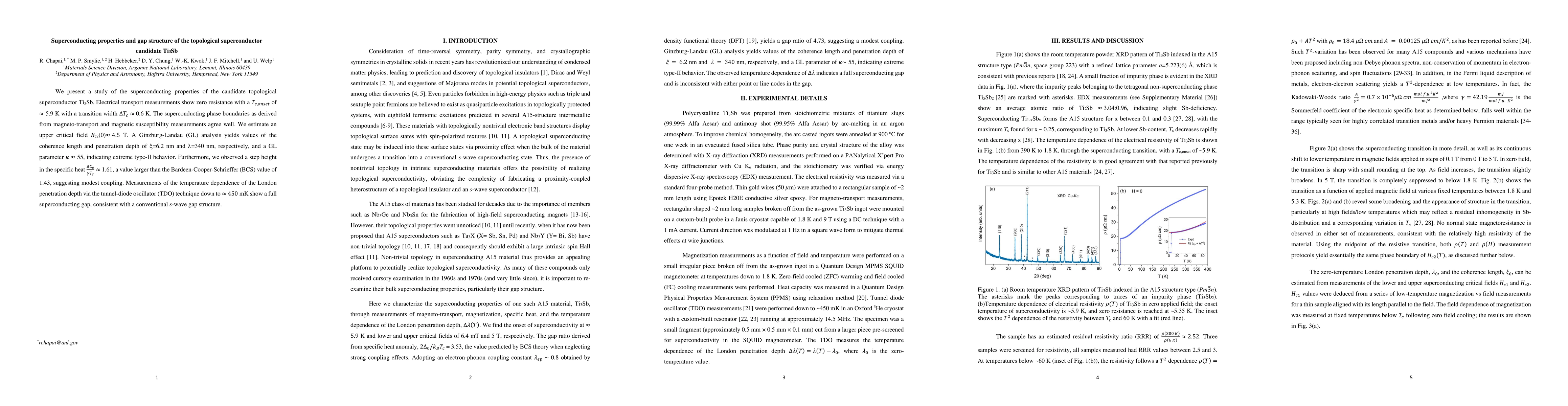 Thumbnail for Superconducting properties and gap structure of the topological
  superconductor candidate Ti_(3)Sb