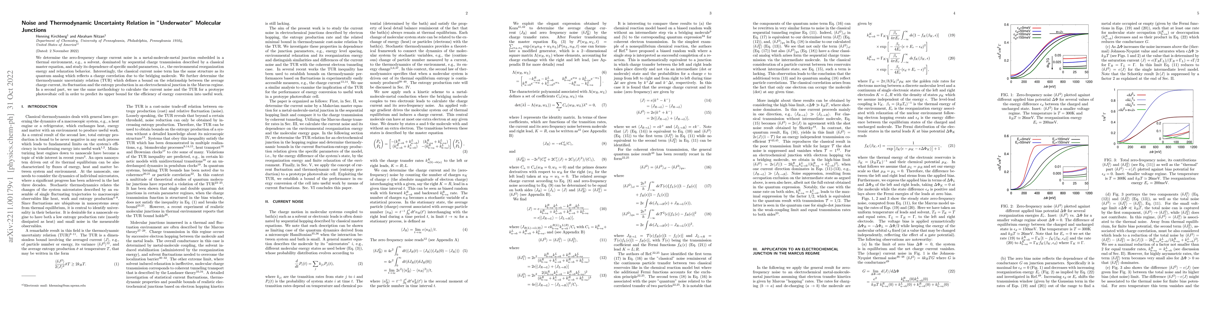 Thumbnail for Noise and Thermodynamic Uncertainty Relation in "Underwater" Molecular
  Junctions