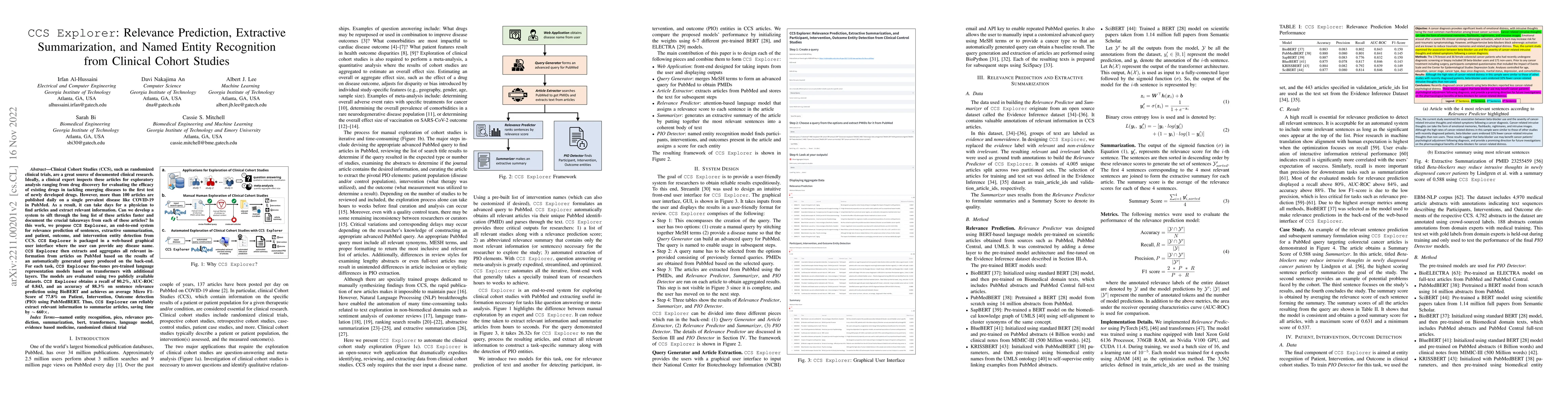 Thumbnail for CCS Explorer: Relevance Prediction, Extractive Summarization, and Named
  Entity Recognition from Clinical Cohort Studies